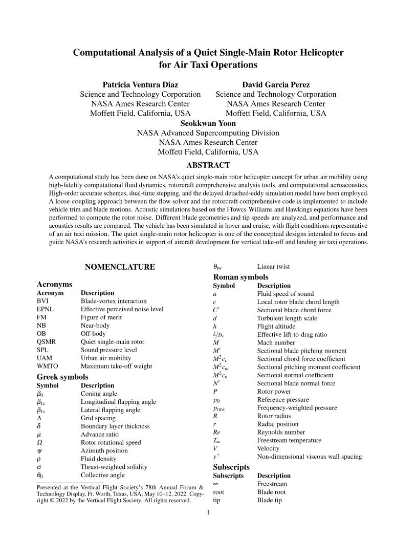 Computational Analysis of a Quiet Single-Main Rotor Helicopter for Air ...