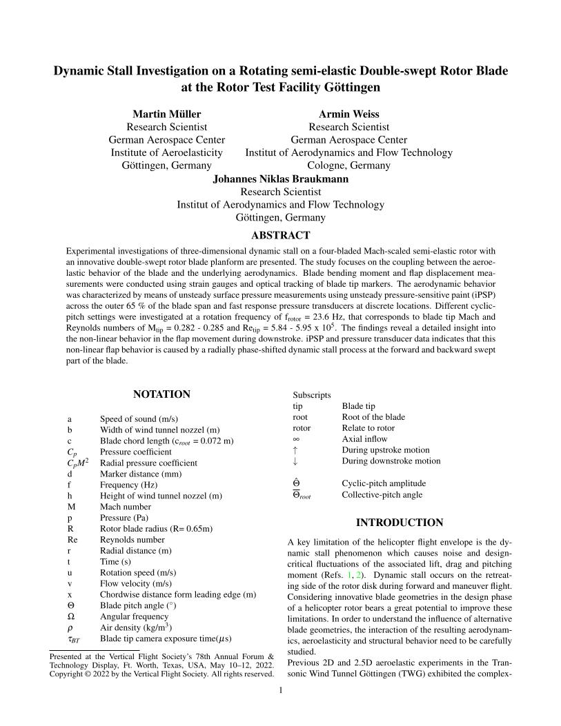 Dynamic Stall Investigation on a Rotating semi-elastic Double-swept ...