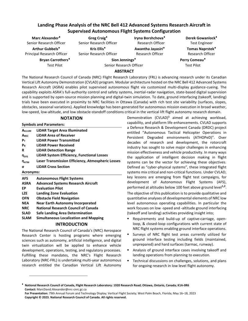 Landing Phase Analysis of the NRC Bell 412 Advanced Systems Research ...