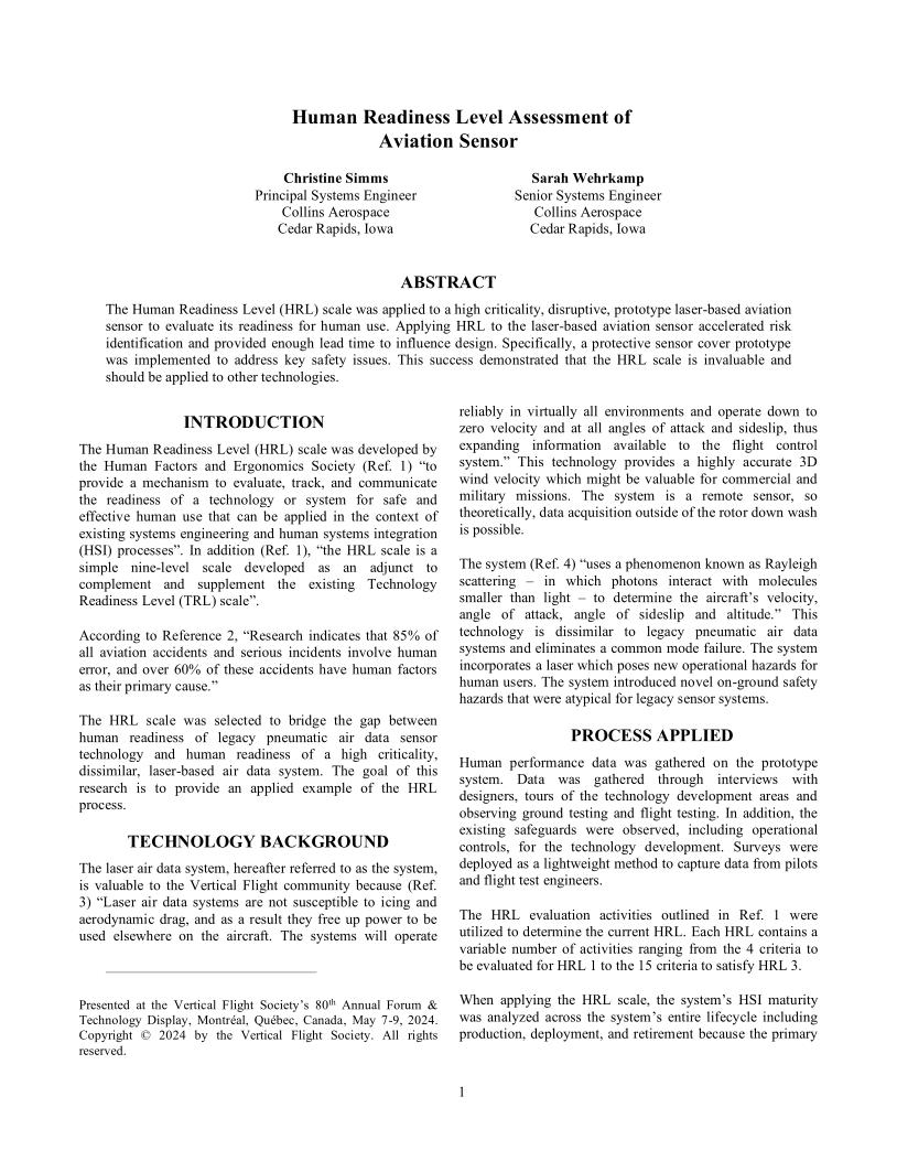Human Readiness Level Assessment of Aviation Sensor | Vertical Flight ...